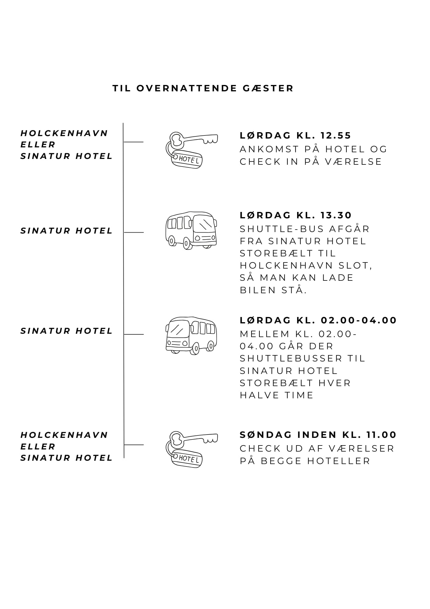 Til overnattende gæster: Lørdag kl. 12.55 ankomst på hotel og check in. Kl. 13.30 shuttle-bus fra Sinatur Hotel Storebælt til Holckenhavn Slot. Kl. 02.00-04.00 shuttlebusser til Sinatur hver halve time. Søndag inden kl. 11.00 check ud på begge hoteller.