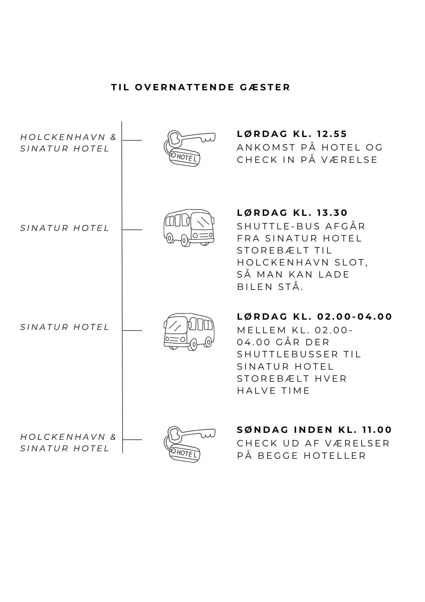 Til overnattende gæster: Lørdag kl. 12.55 ankomst på hotel og check in. Kl. 13.30 shuttle-bus fra Sinatur Hotel Storebælt til Holckenhavn Slot. Kl. 02.00-04.00 shuttlebusser til Sinatur hver halve time. Søndag inden kl. 11.00 check ud på begge hoteller.